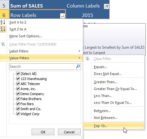 Pivot Table Filter: Top 5 Customers