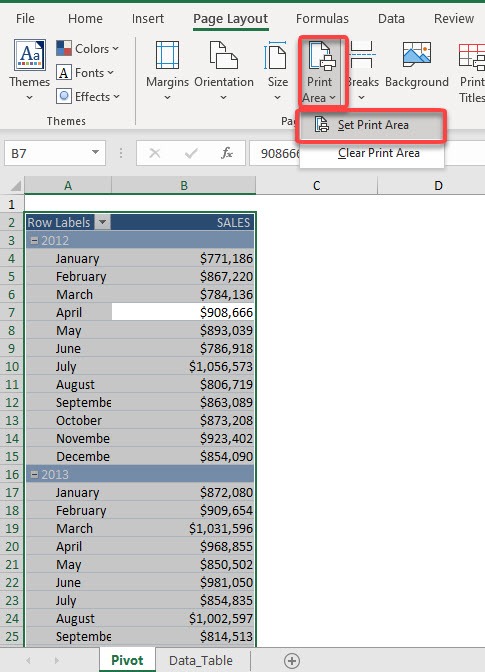 Print Excel Pivot Table on two pages
