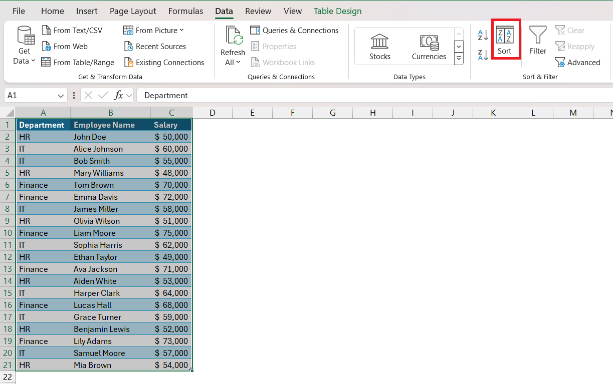 Sort Data in Excel