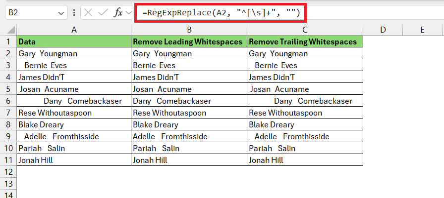 Remove Whitespace in Regex Excel