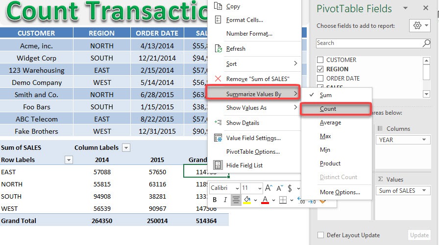 Pivot Table Count Transactions | MyExcelOnline