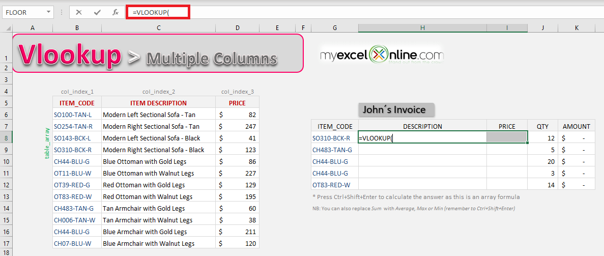 Excel Vlookup Multiple Columns| Myexcelonline