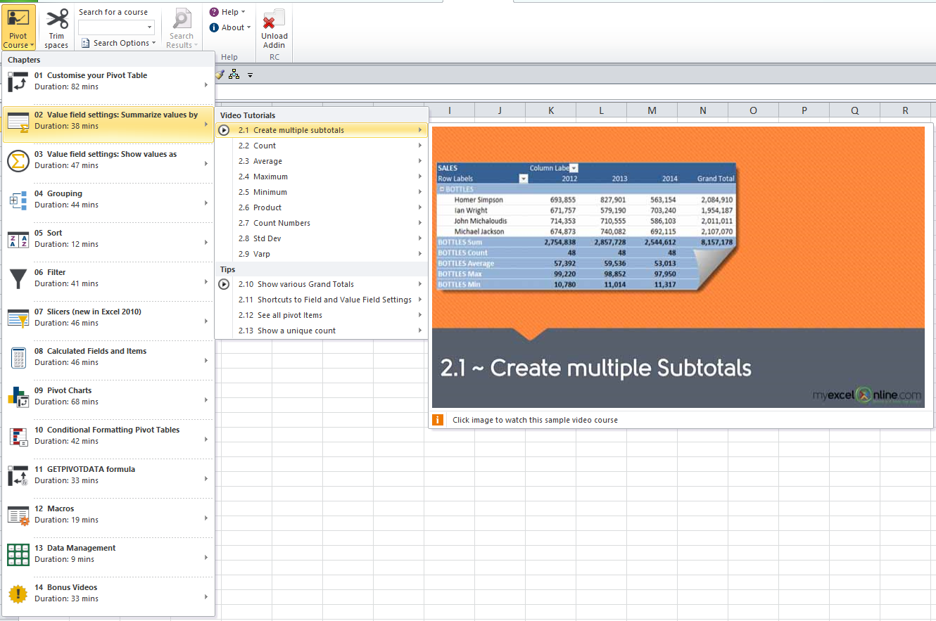 xtreme pivot table course add in free microsoft excel tutorials