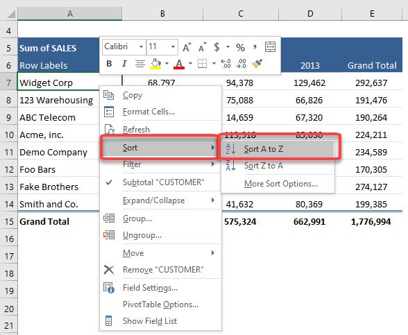 Sorting a Pivot Table