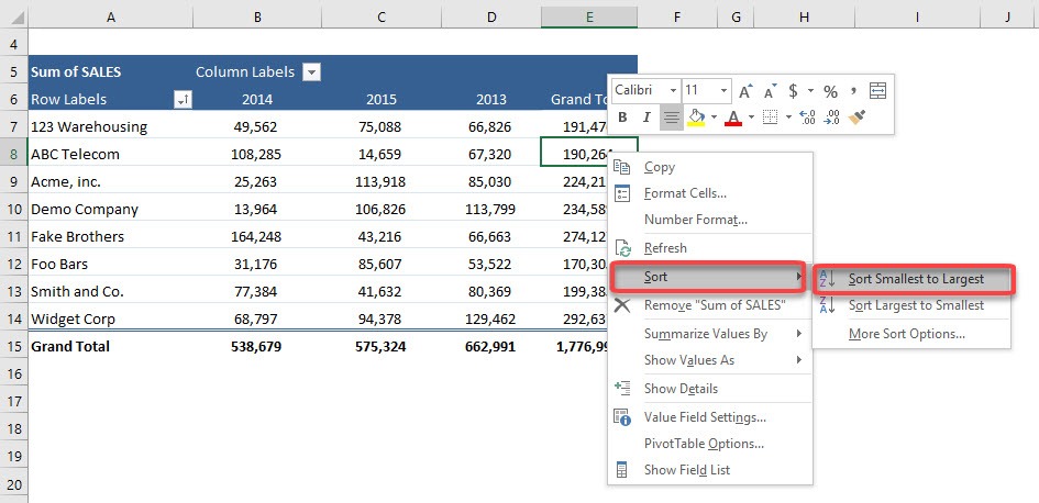 Sorting a Pivot Table