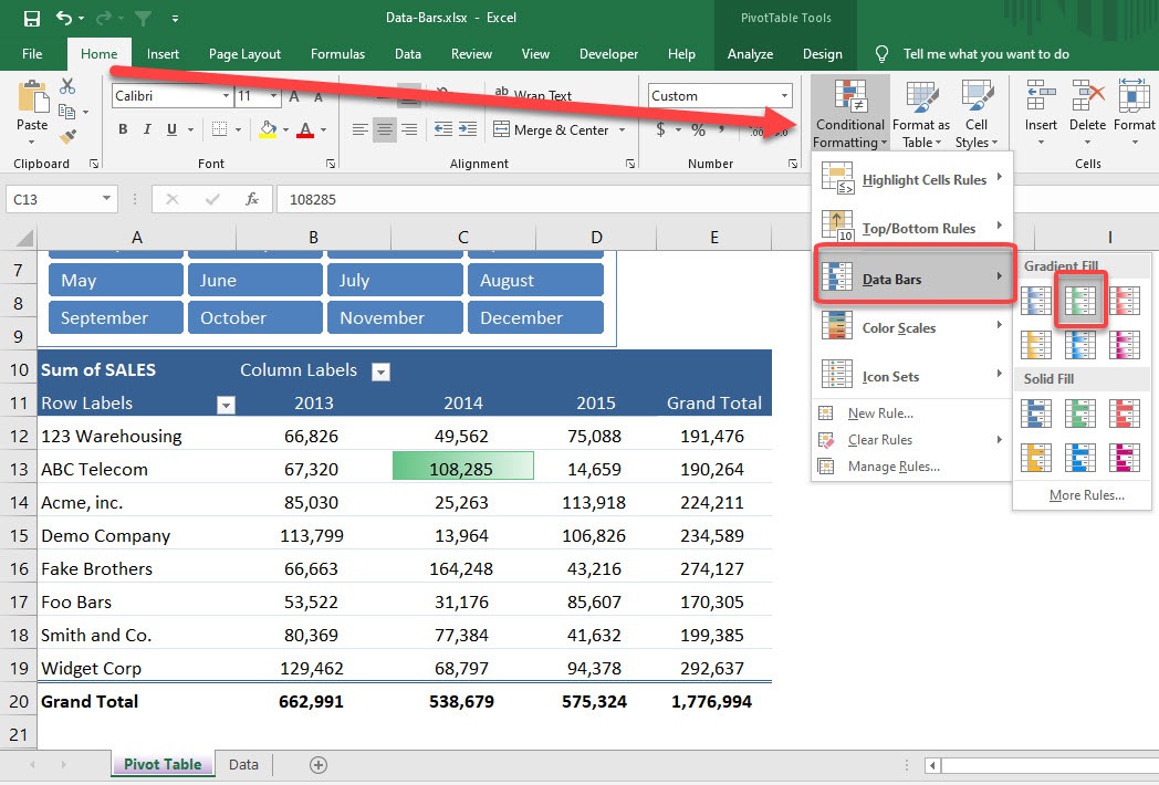 Conditionally Format a Pivot Table With Data Bars