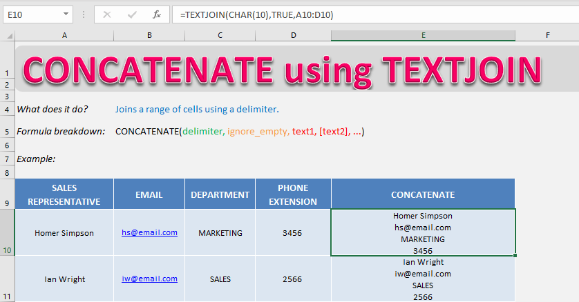 concatenate rows in excel to include a line break