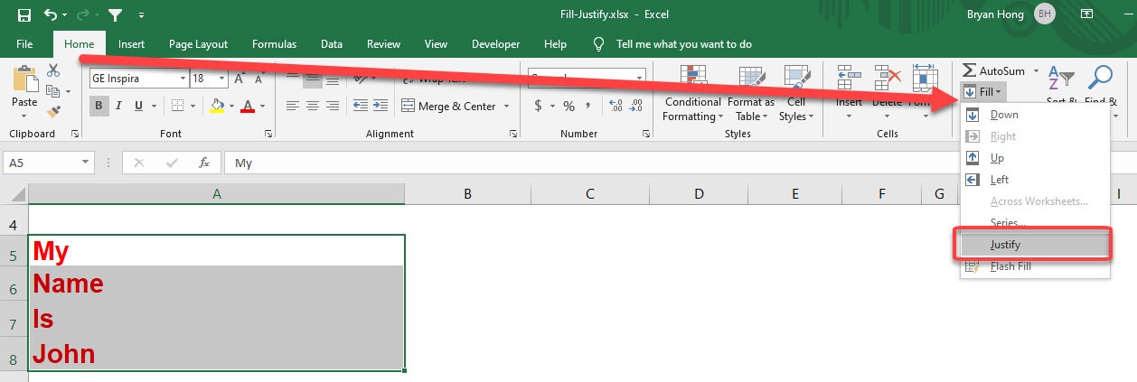 Excel´s Fill Justify Tool | MyExcelOnline