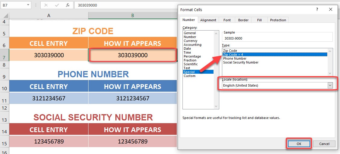 Format Cells: Special Numbers