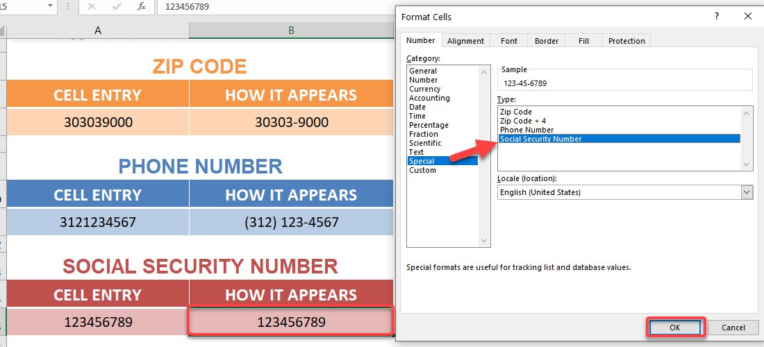 Format Cells: Special Numbers