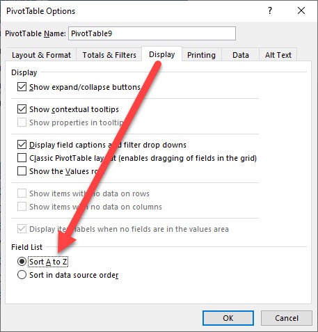 Sort Field List In a Pivot Table from A to Z