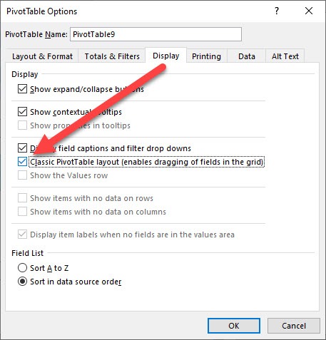 Classic Pivot Table Layout View