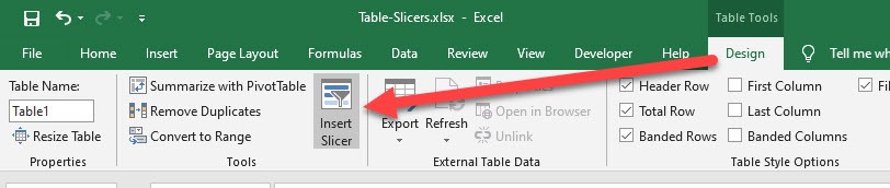 Excel Table Slicers