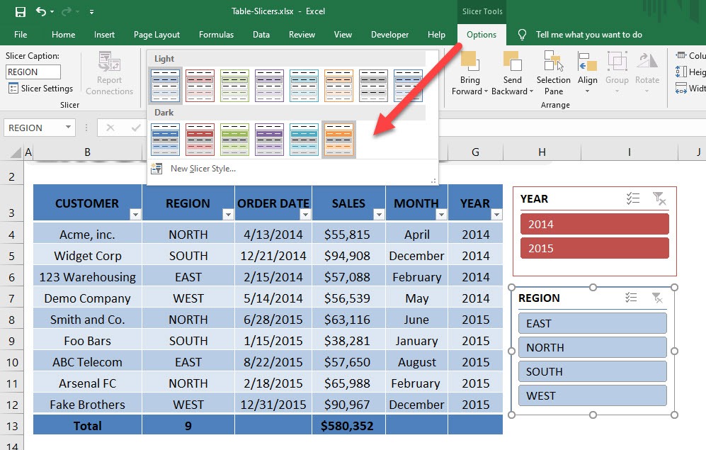 Excel Table Slicers