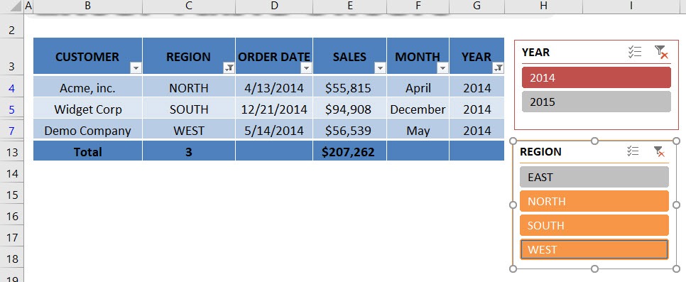 Excel Table Slicers