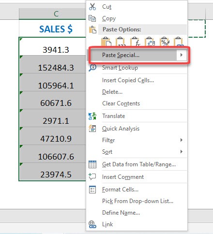 Paste Values in Excel