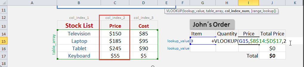 Excel VLOOKUP with Drop Down