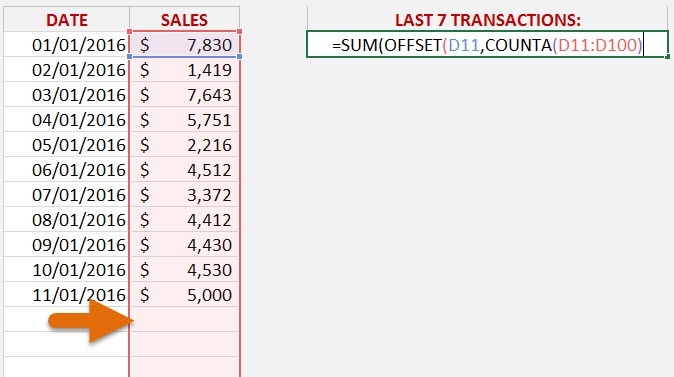 Sum the Last 7 Transactions with the Offset Function