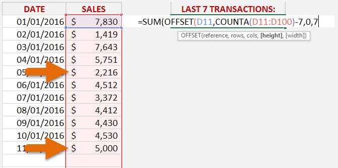 Sum the Last 7 Transactions with the Offset Function