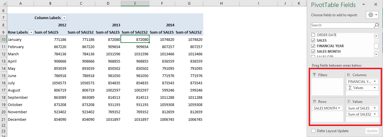 excel pivot chart comparing two columns