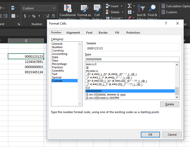 Formatting for 10 digits - Excel custom number formatting