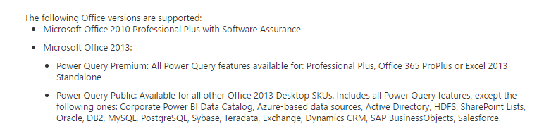 Requirements for Power Query