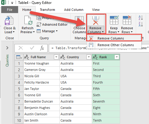 Remove Columns Using Power Query or Get & Transform