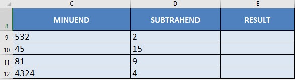 excel subtraction formula