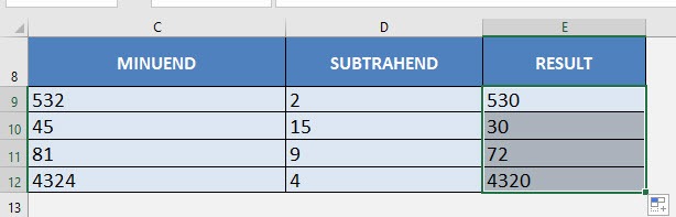 Subtraction Formula in Excel