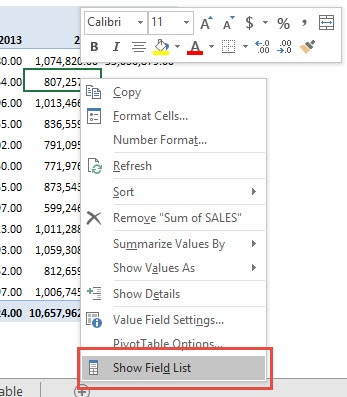 Show & Hide Field List in Excel Pivot Table
