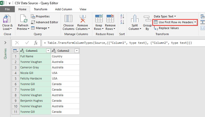 Import Data from CSV Using Power Query