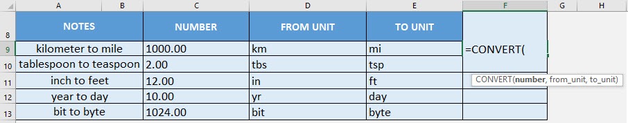 CONVERT Formula in Excel