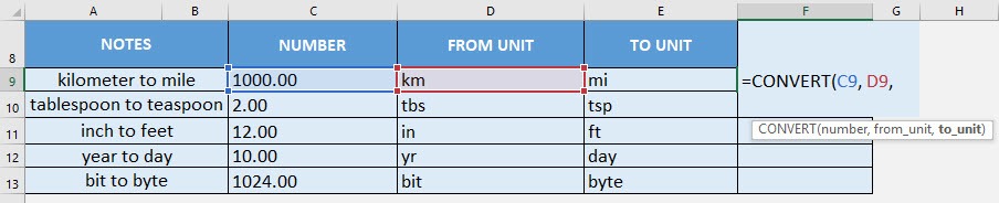 CONVERT Formula in Excel