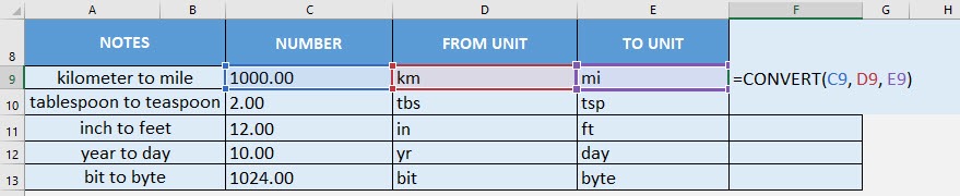 CONVERT Formula in Excel