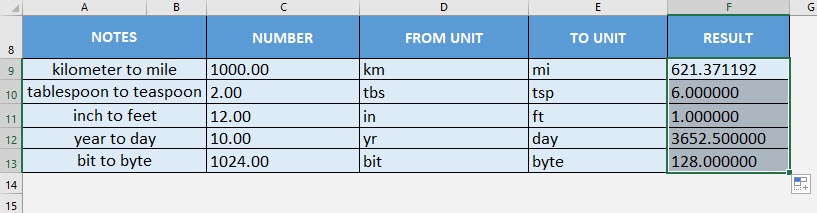 CONVERT Formula in Excel