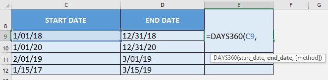 DAYS360 Formula in Excel