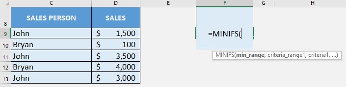 MINIFS Formula in Excel