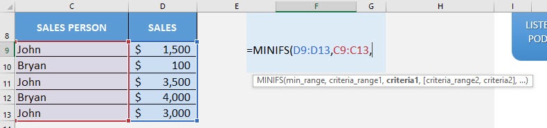 MINIFS Formula in Excel