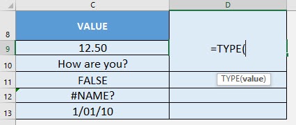 TYPE Formula in Excel