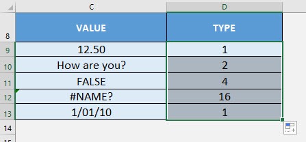 TYPE Formula in Excel