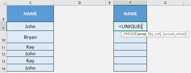 UNIQUE Formula in Excel