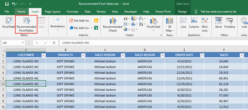 Recommended Pivot Tables in Excel