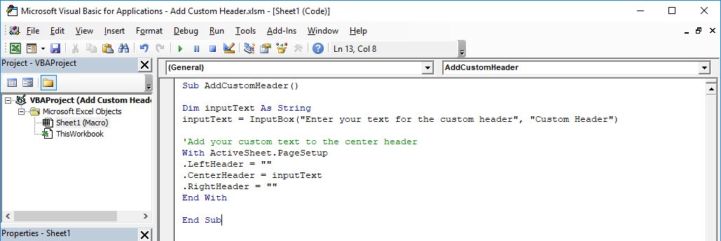 Add Custom Header Using Macros In Excel