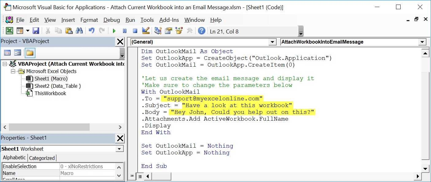 Attach Current Workbook into an Email Message Using Macros In Excel | MyExcelOnline