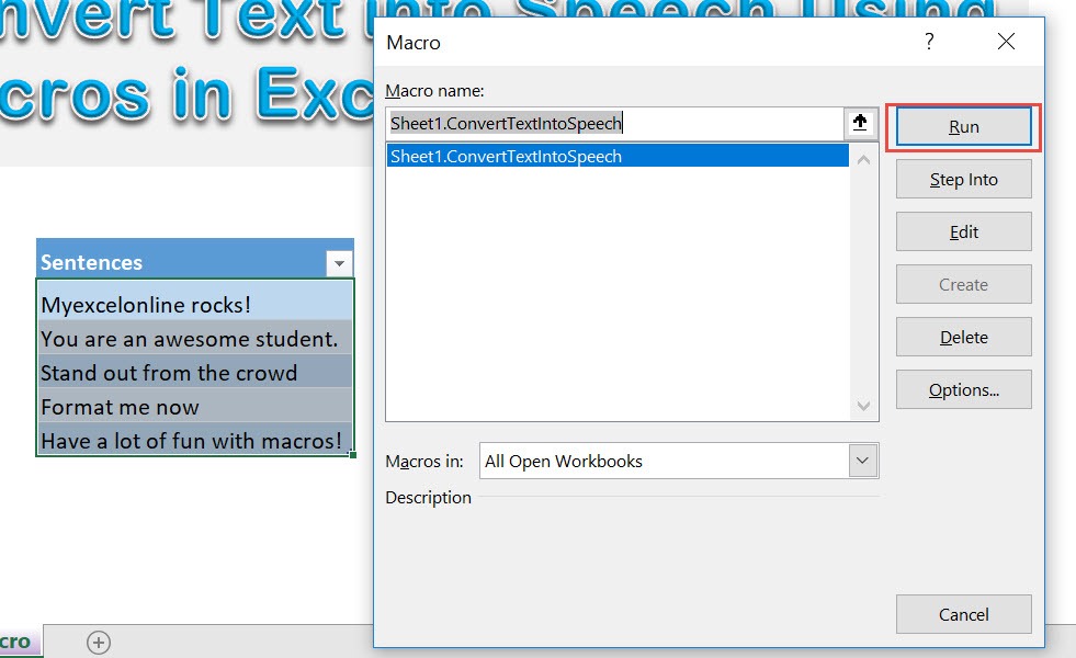 Convert Text into Speech Using Macros In Excel