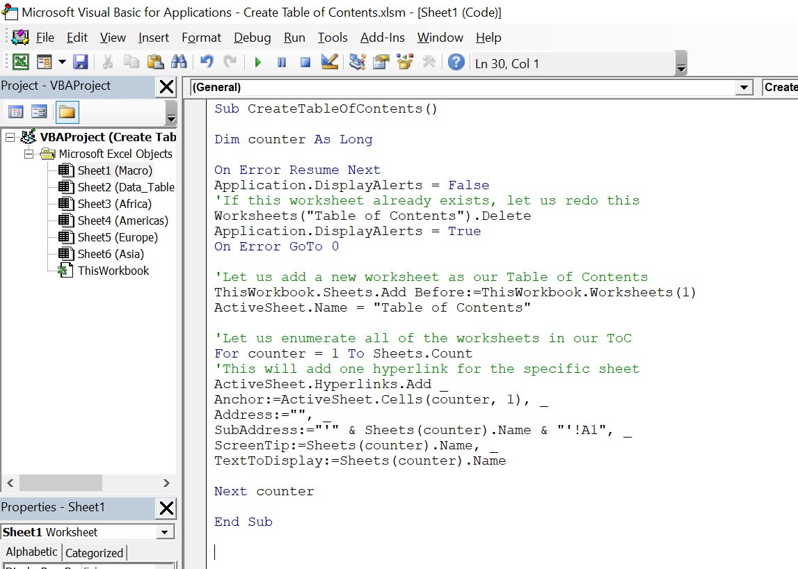 Create a Table of Contents Using Macros In Excel