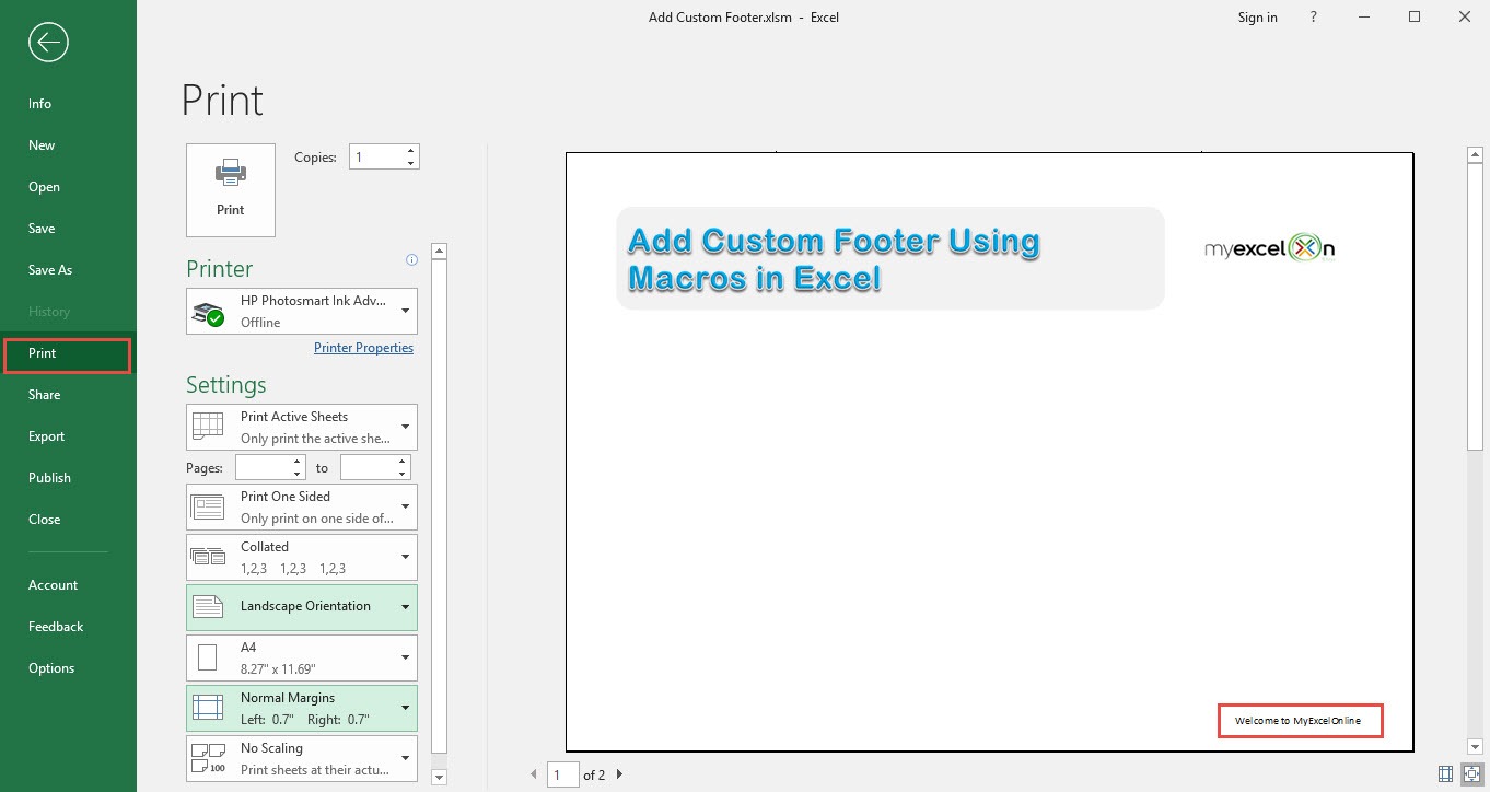 Add Custom Footer Using Macros In Excel