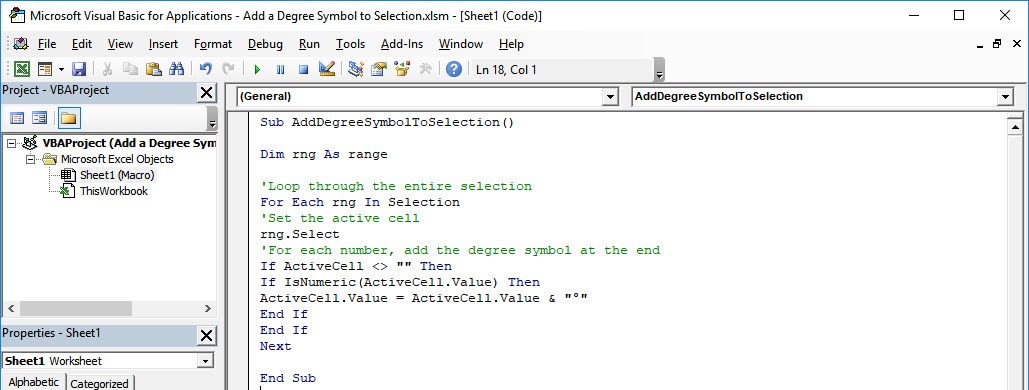 Add a Degree Symbol to Selection Using Macros In Excel