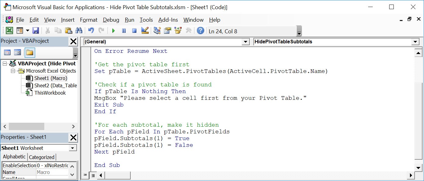 Hide Pivot Table Subtotals Using Macros In Excel | MyExcelOnline