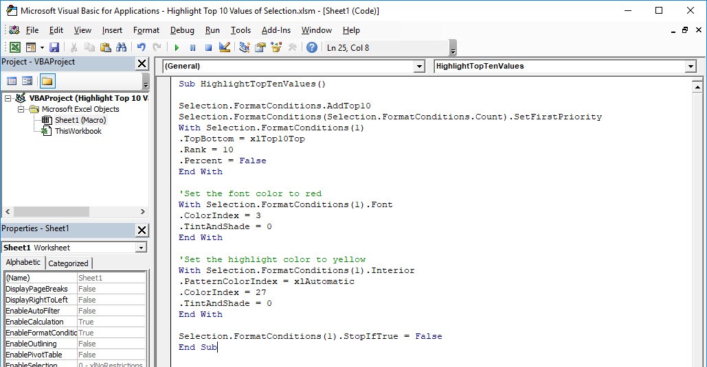 Highlight Top 10 Values of Selection Using Macros In Excel